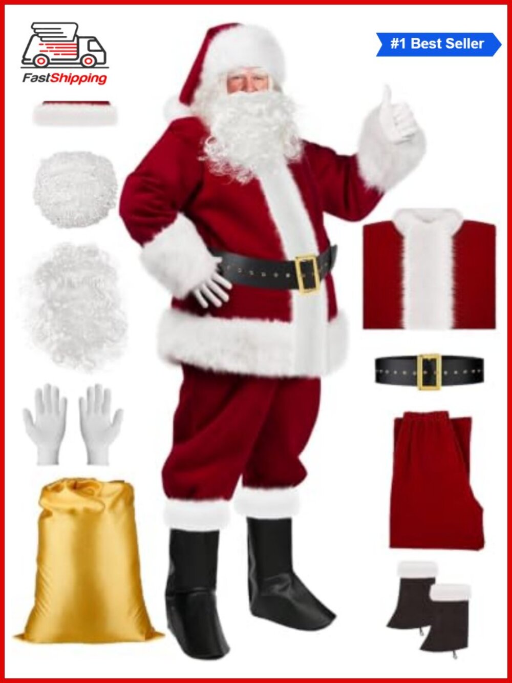 ๐
Santa Claus Costume 9pc Set Faux Fur Trim Zipper Jacket Pants Hat Beard Wig